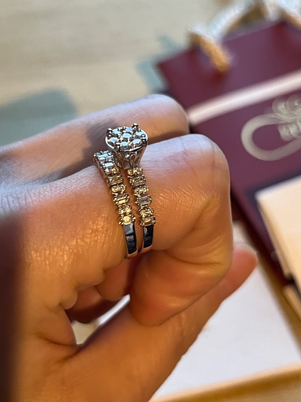 18K White Gold with White cluster Diamond  Engagement Ring Set